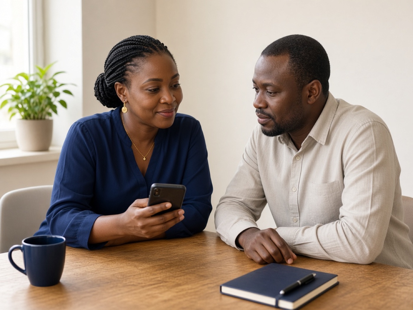 Two colleagues looking through a customer journey on a phone.
