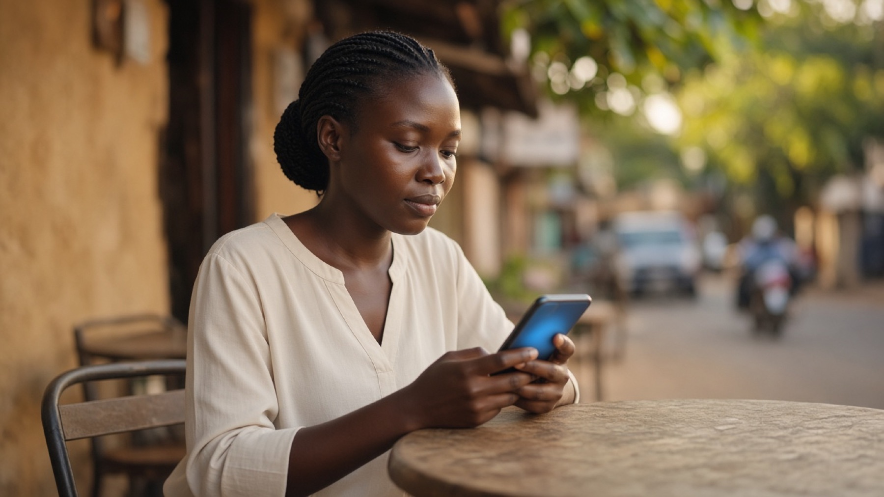 A customer in Kampala reviewing an offer on her phone.