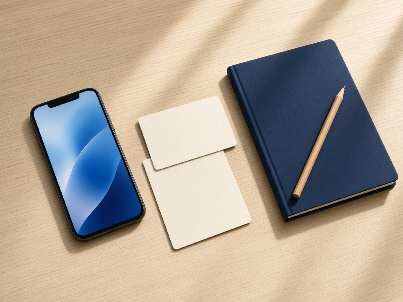 A phone, blank cards, and a notebook laid out for a partner offer.